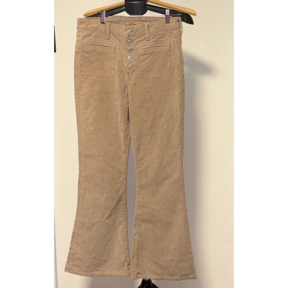 American Eagle Corduroy Pants Size 12 Beige Super Hi-Rise Flare Button Fly